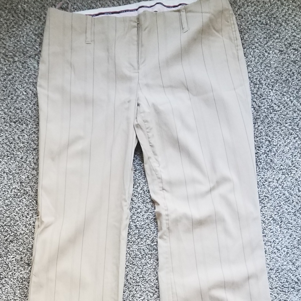 Tan dress pants with brown and black pinstripes